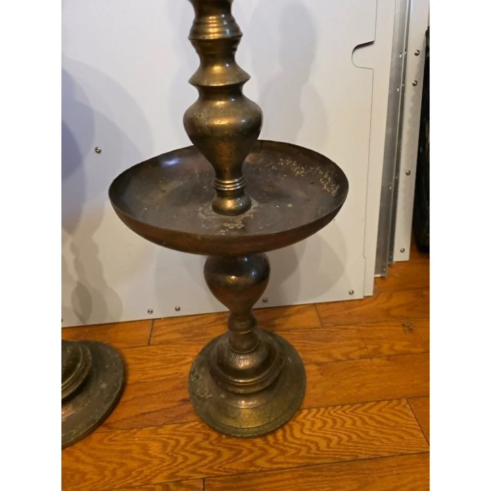 Moroccan Etched Brass Pillar Floor Altar Candlesticks Candle Holders Set Vintage